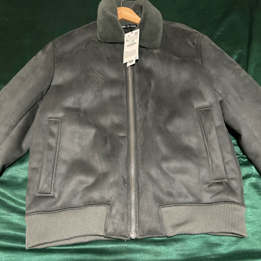 Zara Suede Bomber Jacket with Faux Fur Collar